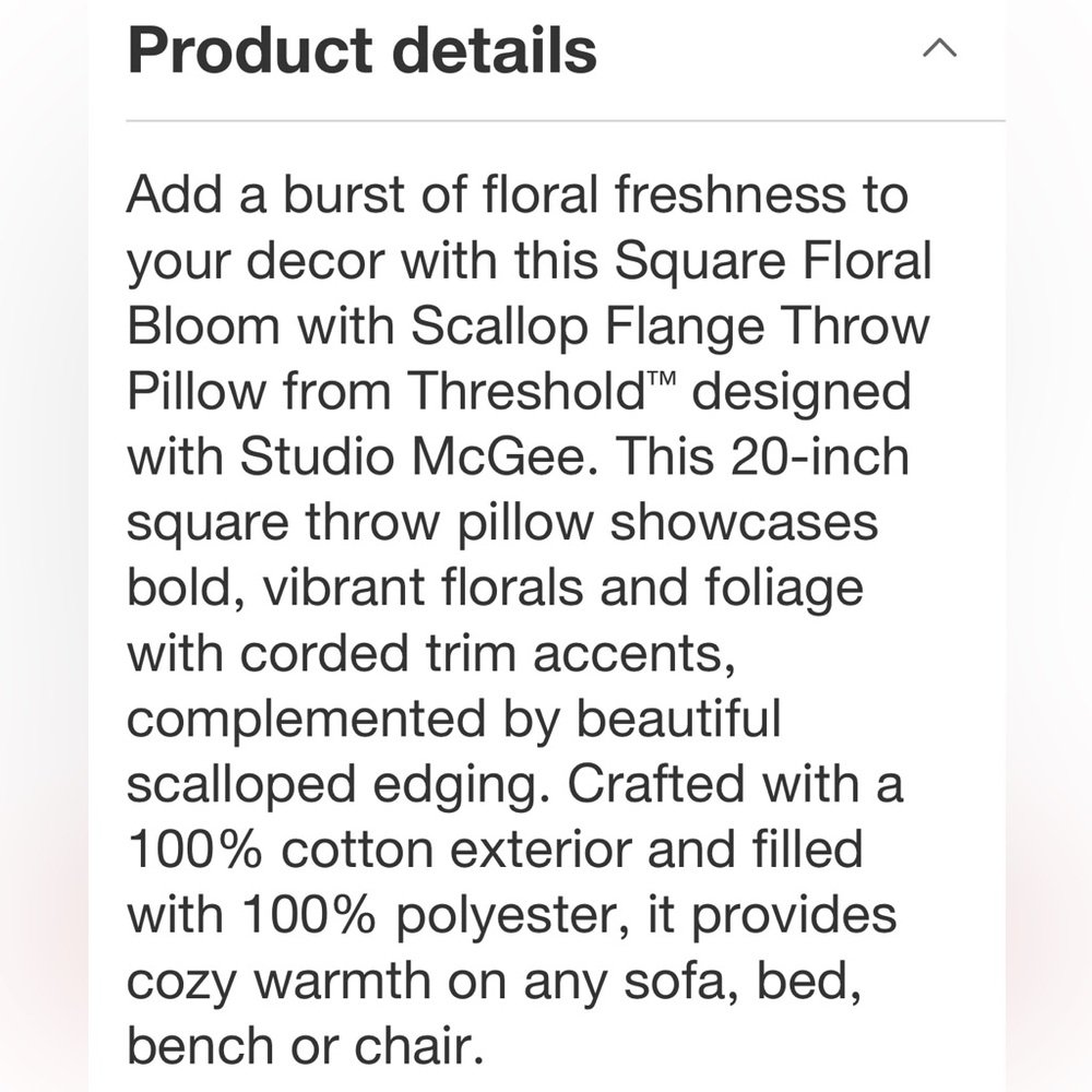 STUDIO MCGEE NWT square floral bloom with scallop flange rose throw pillow -20” - Picture 7 of 9